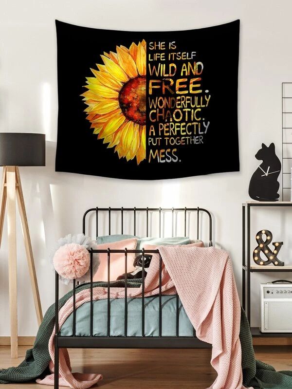 Sunflower & Slogan Graphic Tapestry