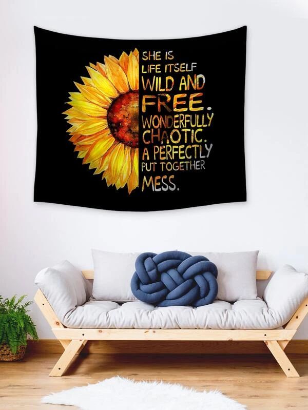 Sunflower & Slogan Graphic Tapestry