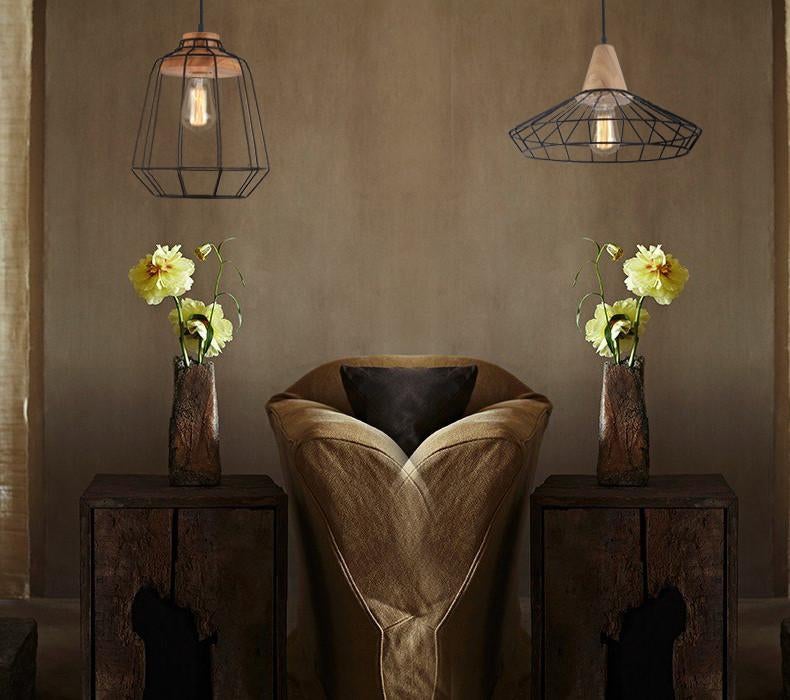 Sangkar Metal Cage Pendant Light With Wood Base