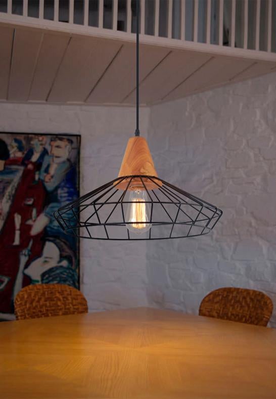 Sangkar Metal Cage Pendant Light With Wood Base