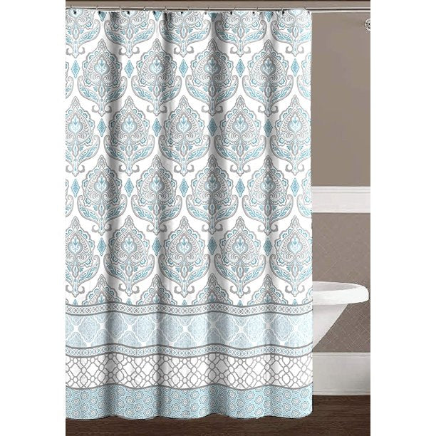 Feblilac Blue and Grey Flower Pattern Geometric Shower Curtain with Hooks, Geometric Figure Bathroom Curtains with Ring, Unique Bathroom décor, Boho Shower Curtain, Customized Bathroom Curtains, Extra Long Shower Curtain