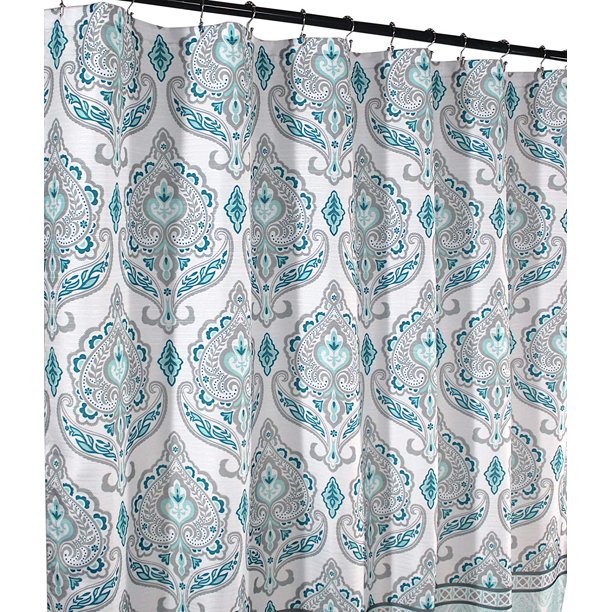Feblilac Blue and Grey Flower Pattern Geometric Shower Curtain with Hooks, Geometric Figure Bathroom Curtains with Ring, Unique Bathroom décor, Boho Shower Curtain, Customized Bathroom Curtains, Extra Long Shower Curtain