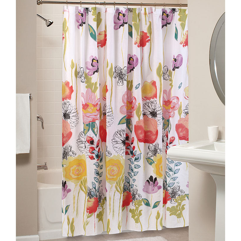Feblilac Red Yellow Purple Flower Garden Shower Curtain with Hooks, Floral Bathroom Curtains with Ring, Unique Bathroom décor, Boho Shower Curtain, Customized Bathroom Curtains, Extra Long Shower Curtain