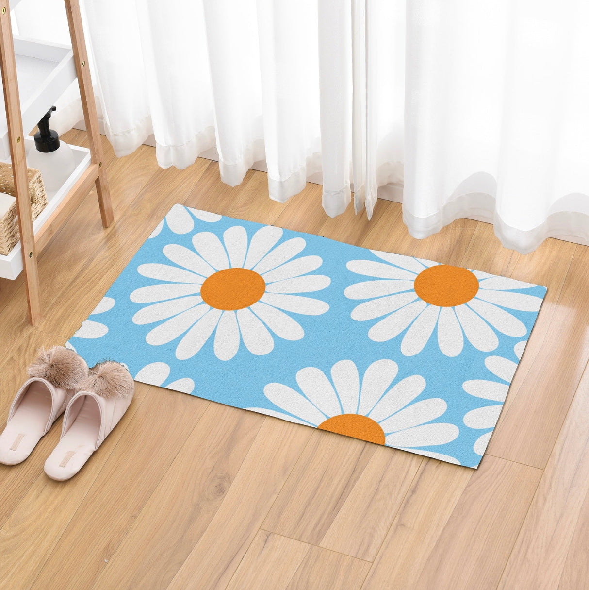 Feblilac White Daisy Green Bath Mat, Flower Bathroom Rug, Floral Soft Plush Water-Absorbent Multiple Sized Floral Anti Slip Toilet Mat, Soft Thick Bathroom Carpet, Art Bathroom Mats, Best Bath Rugs, Hot Shower Mat Non Slip, Toilet Rug