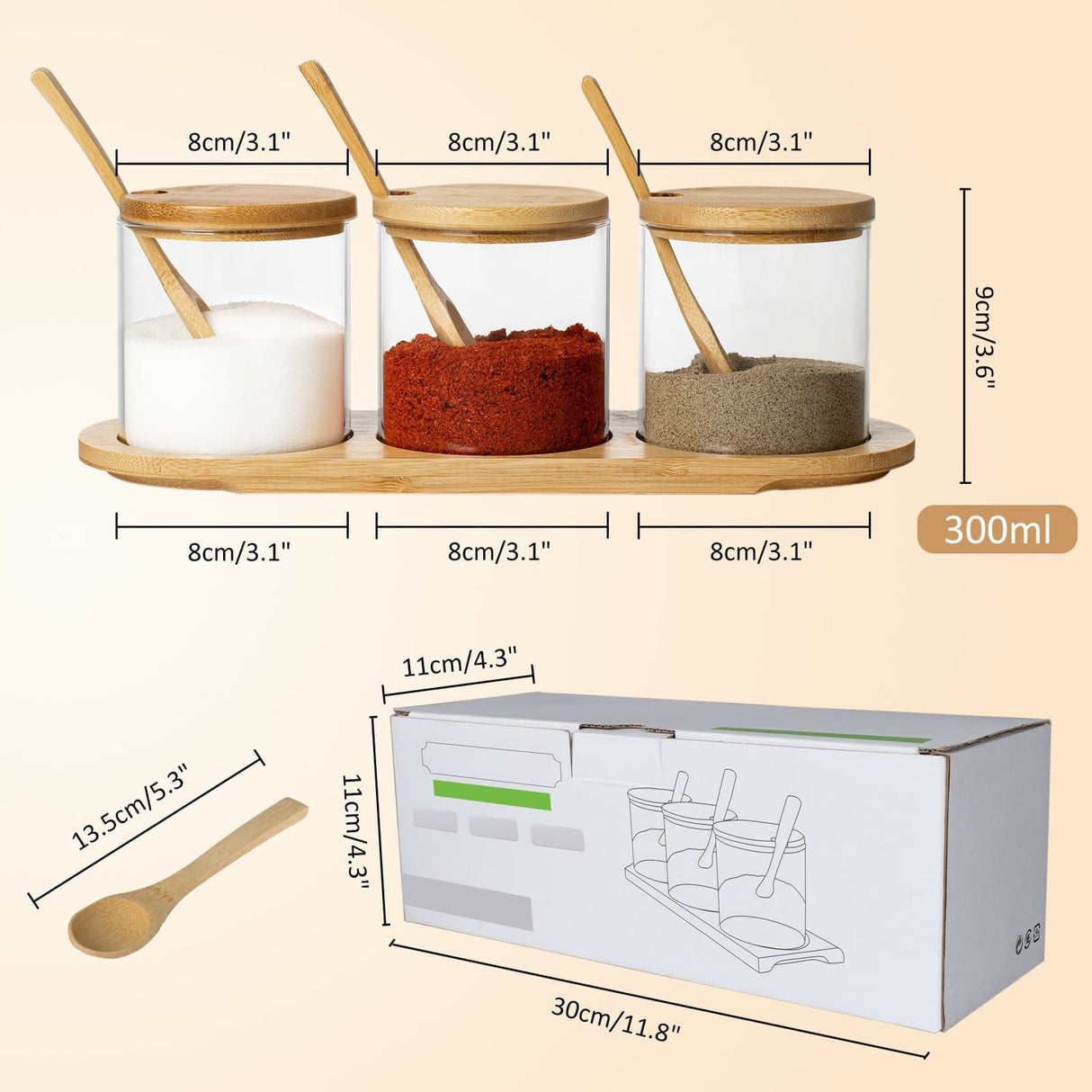 Glass Canister Pots with Lids, Spoons, Base