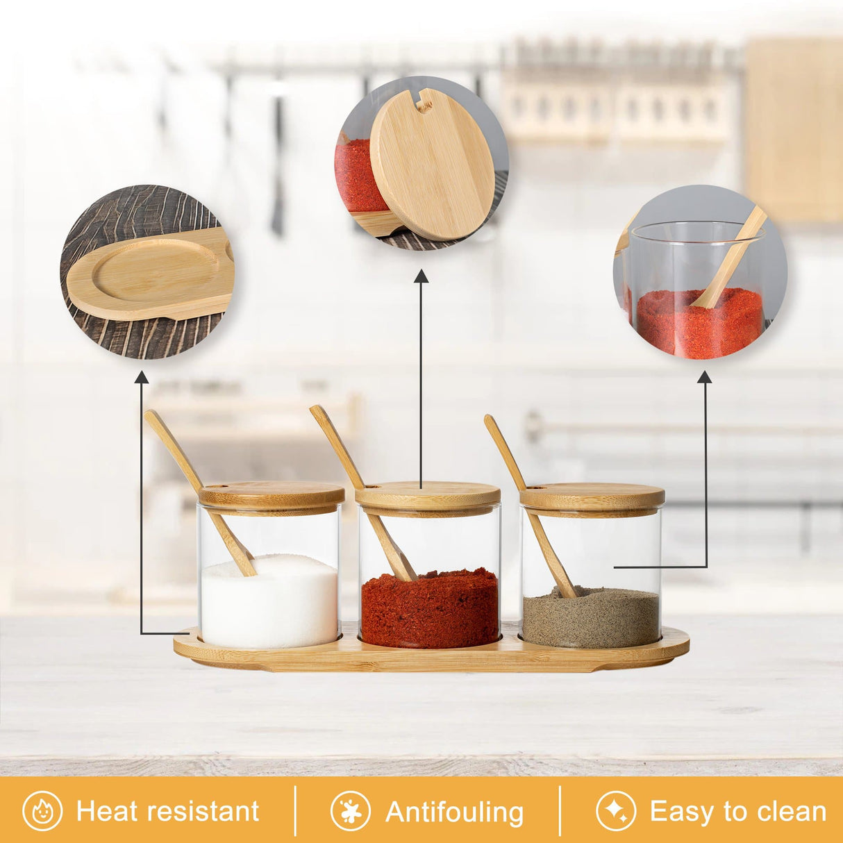 Glass Canister Pots with Lids, Spoons, Base