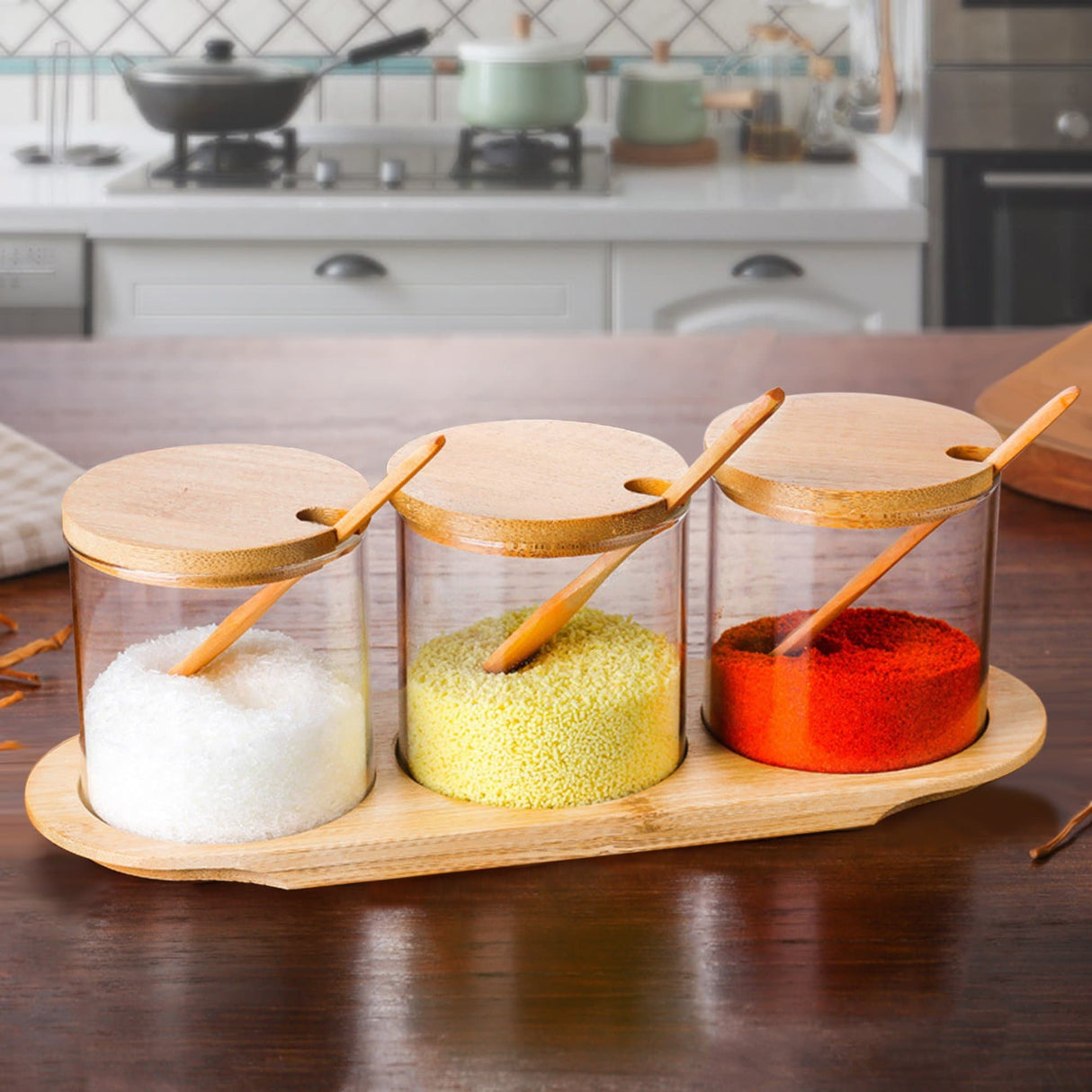 Glass Canister Pots with Lids, Spoons, Base