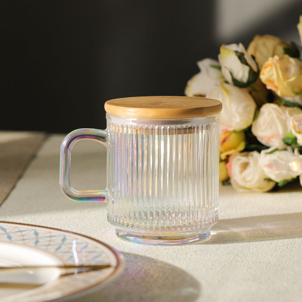 Iridescent Glass Coffee Mugs with Lid