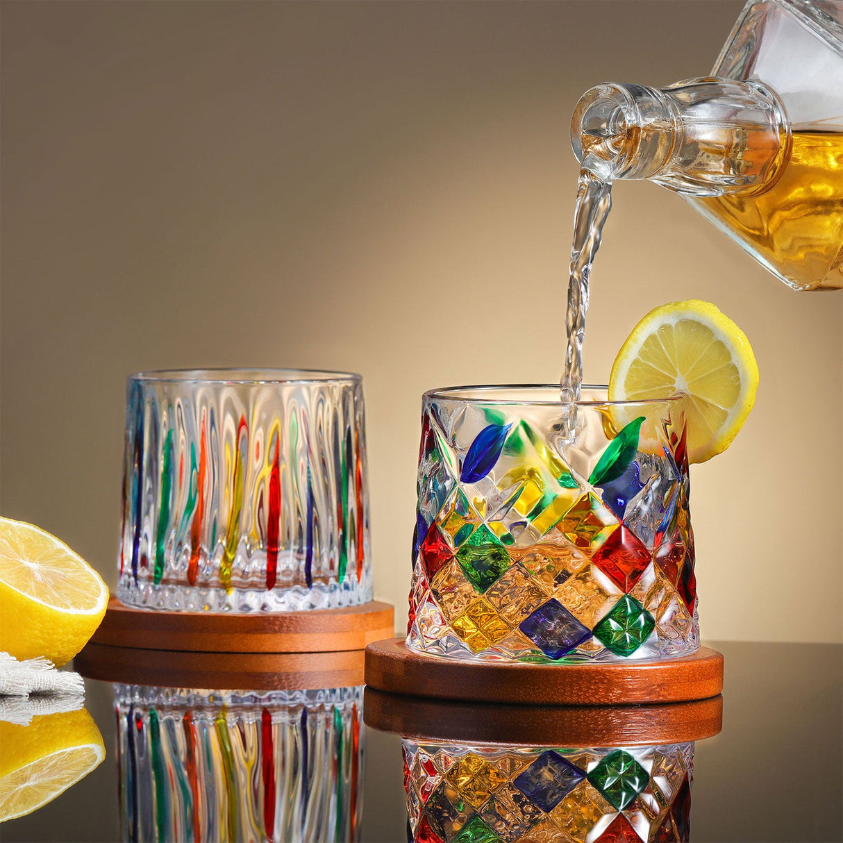 Hand Painted Rotatable Glasses with Coaster