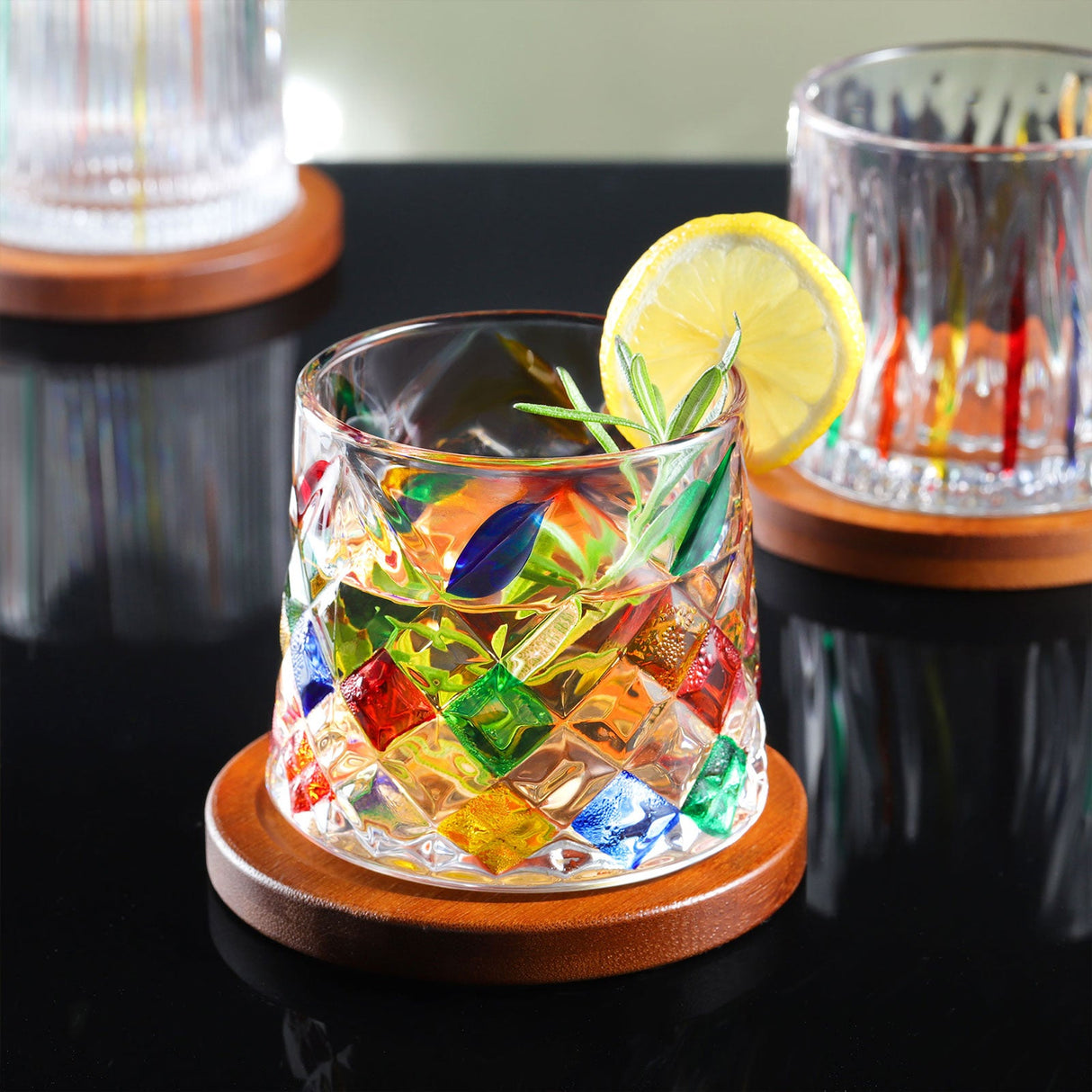 Hand Painted Rotatable Glasses with Coaster