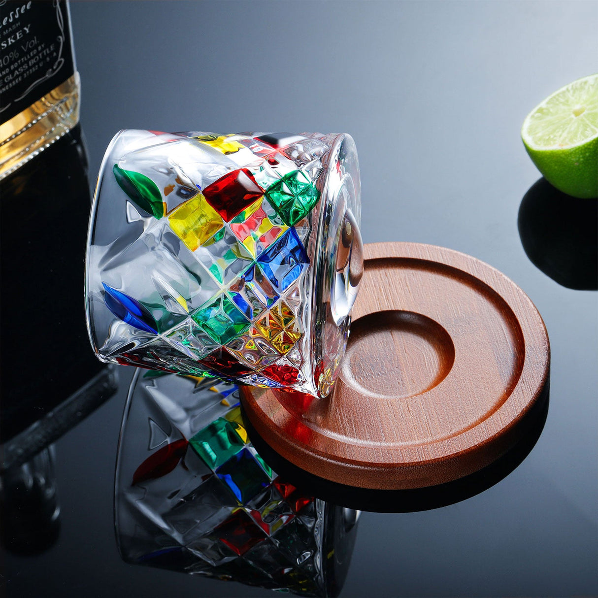 Hand Painted Rotatable Glasses with Coaster