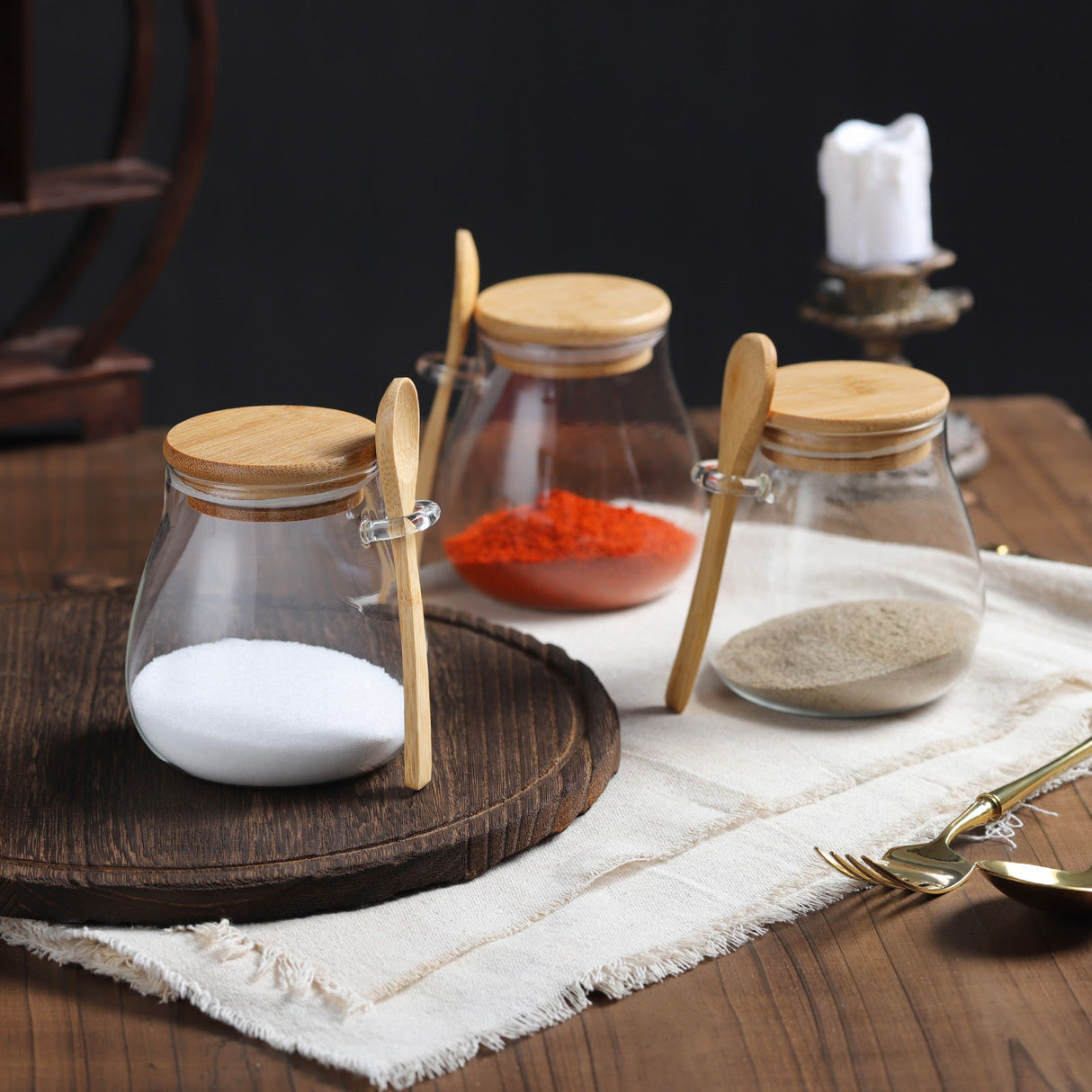 Glass Jar with Lid and Spoon Attached
