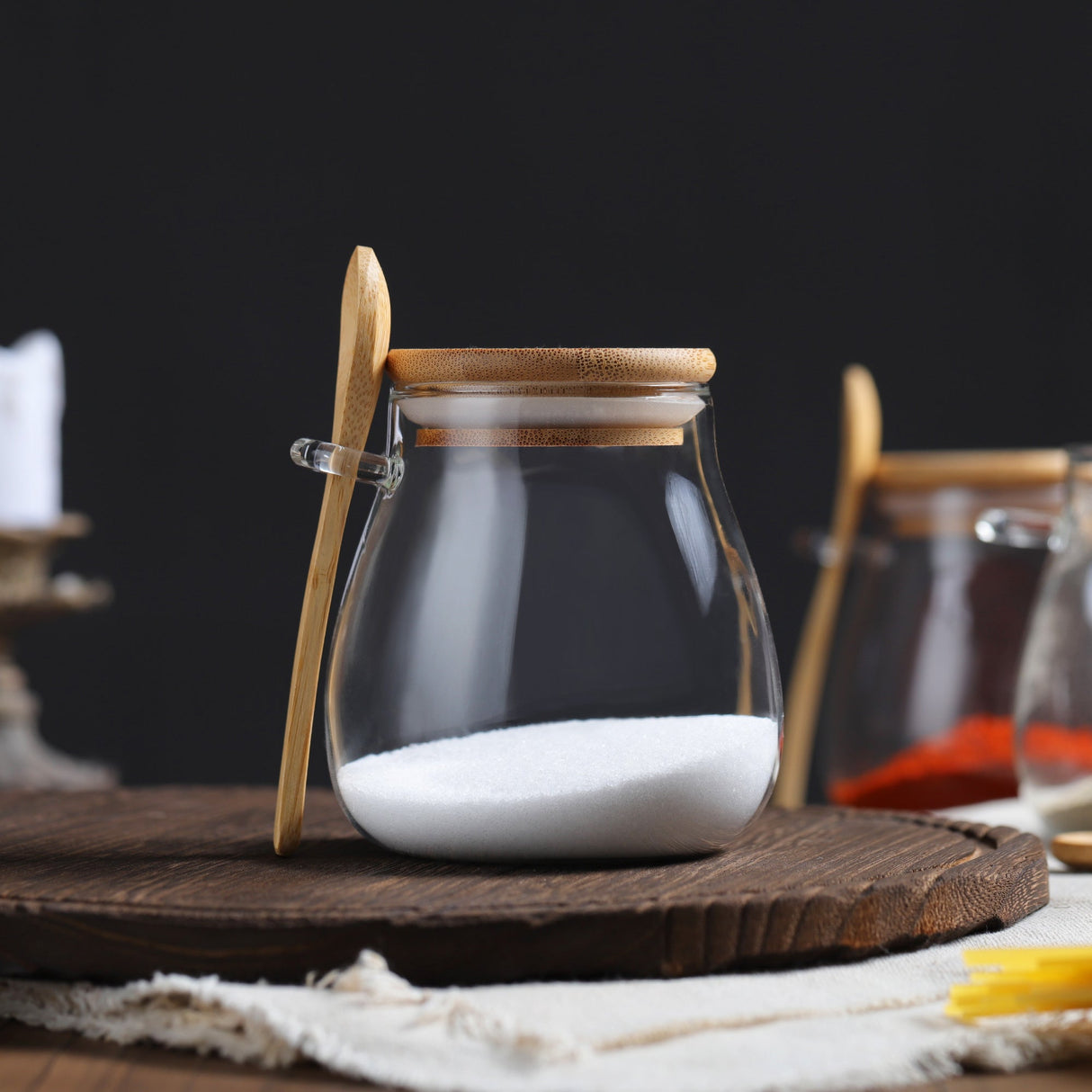 Glass Jar with Lid and Spoon Attached