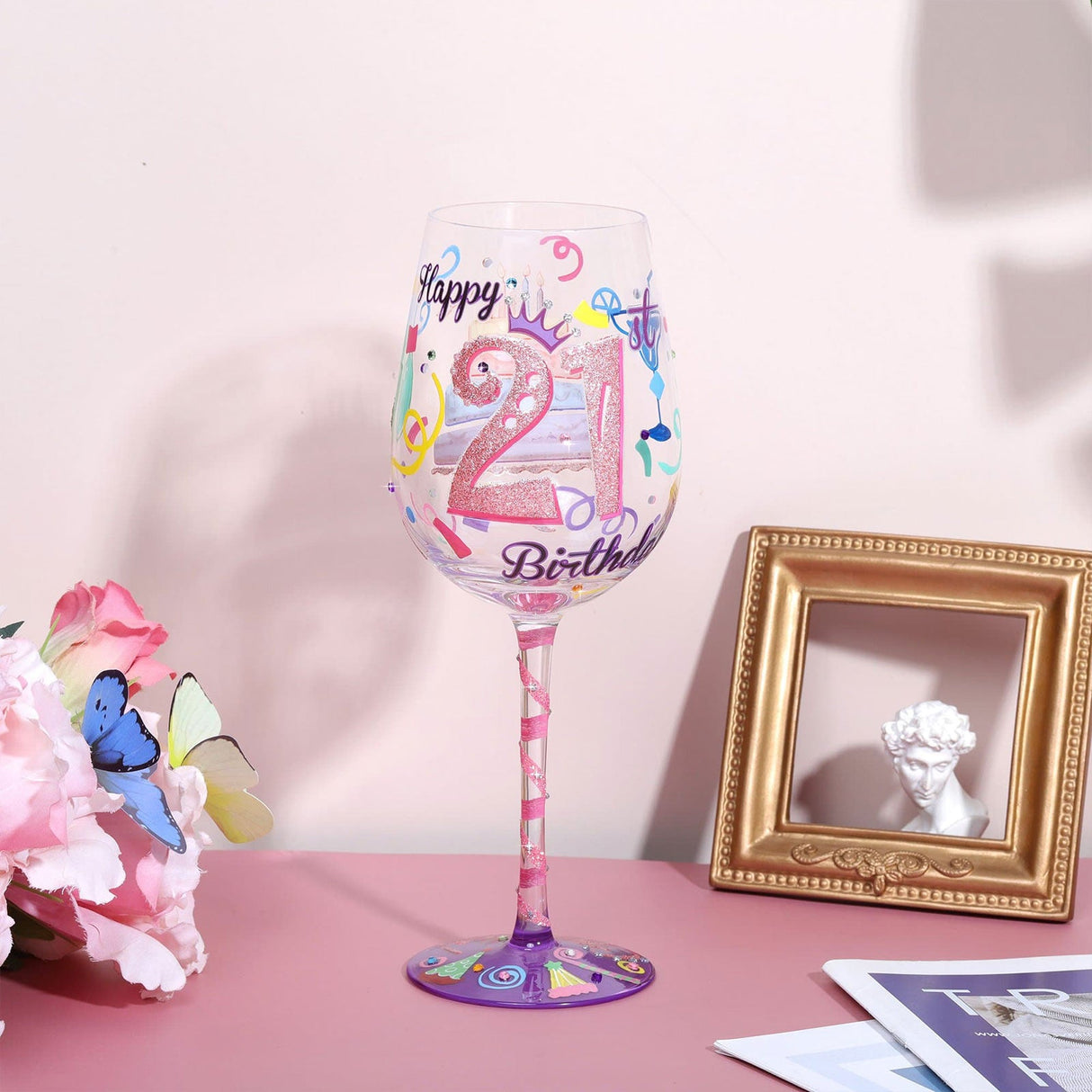 Hand-painted 21st Birthday Wine Glass