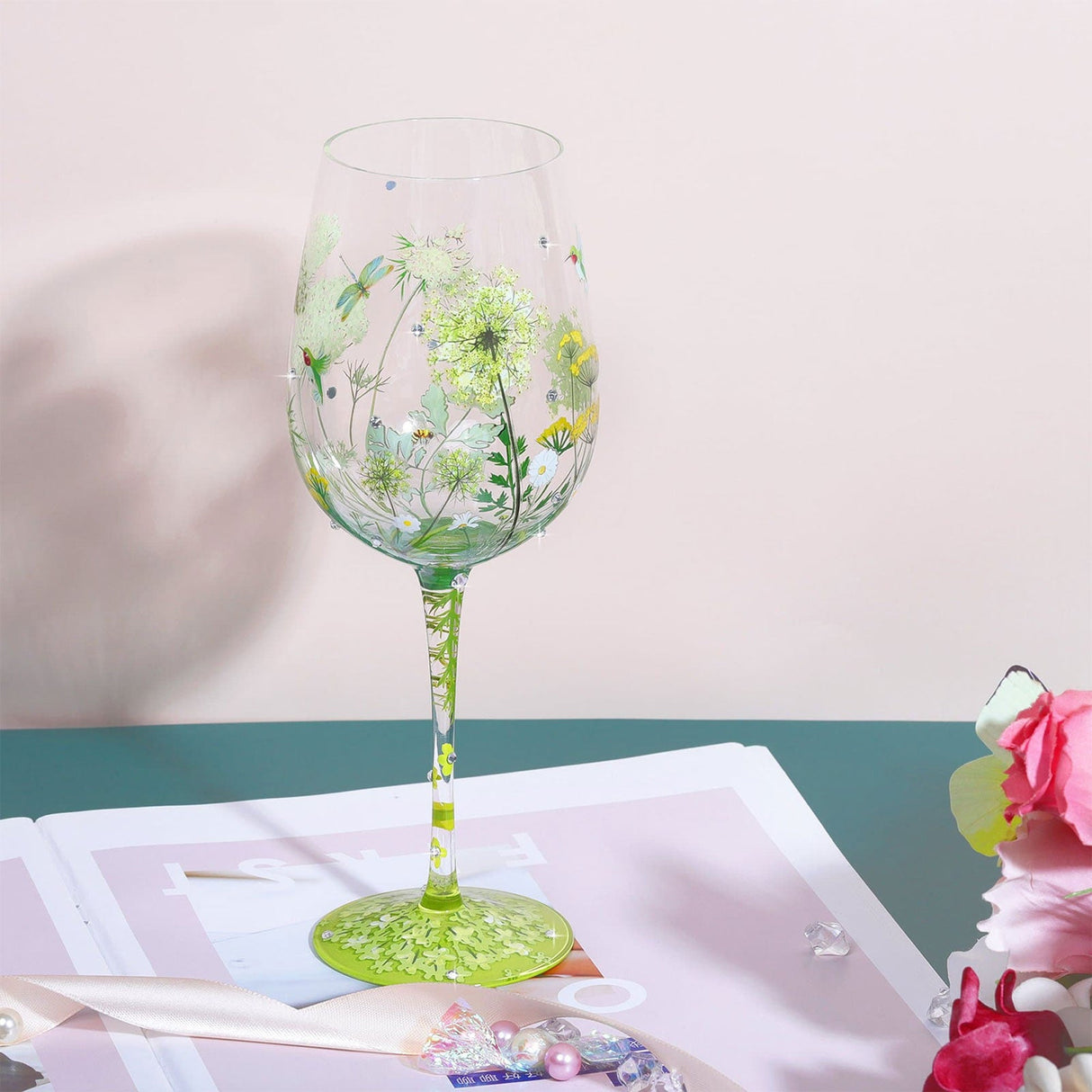 Hand-painted Dandelion Wine Glass