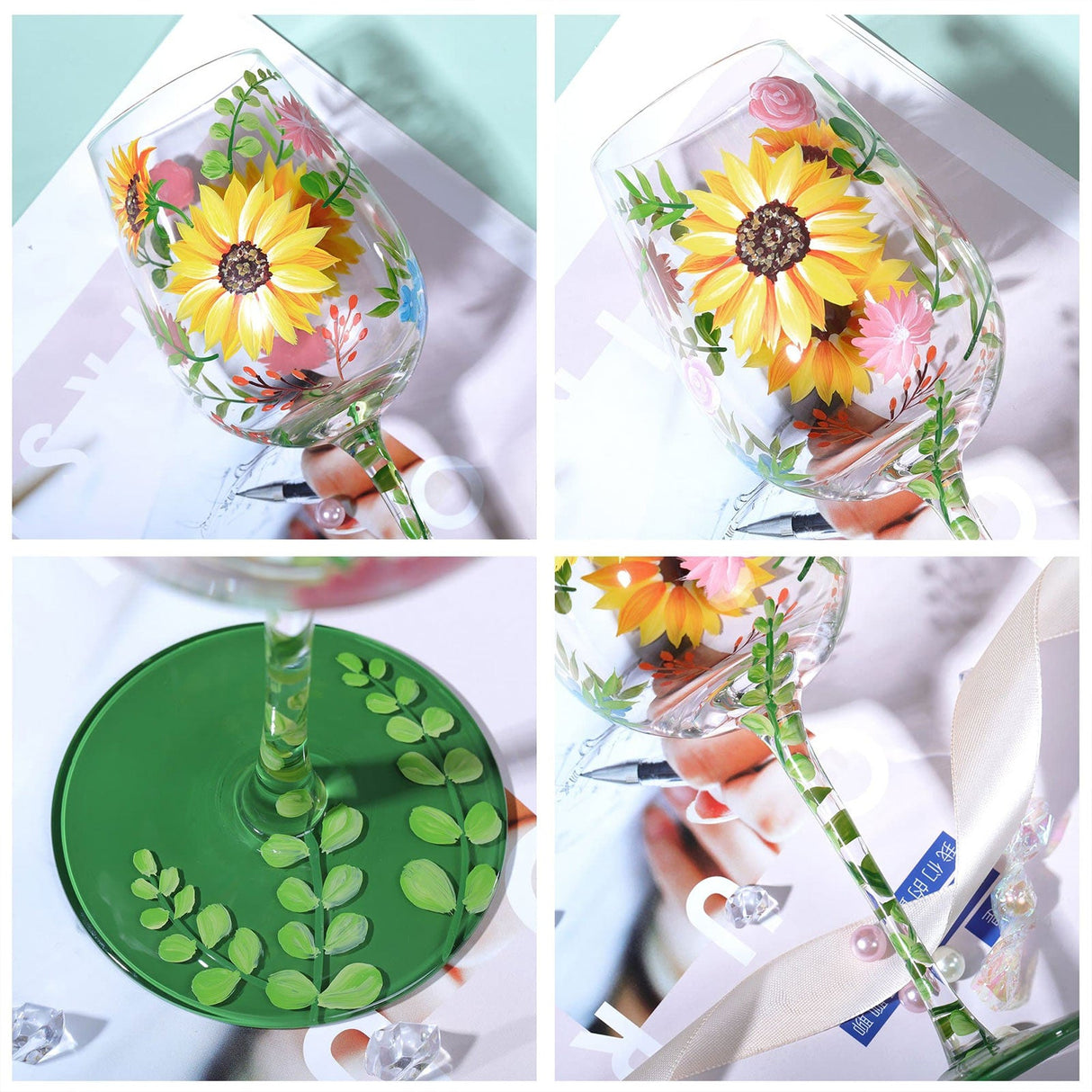 Hand-painted Watercolor Flowers Wine Glass