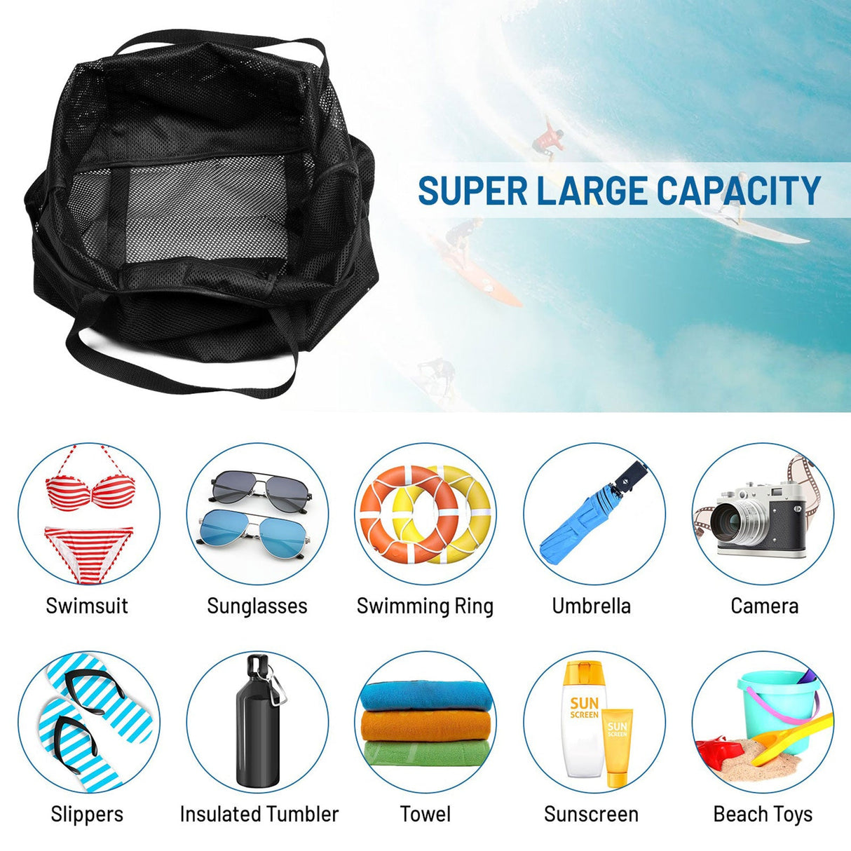 9 Pockets Mesh Beach Tote Bag