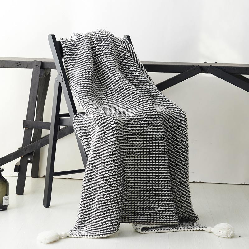 Black & White Knitted Blanket with Tassels