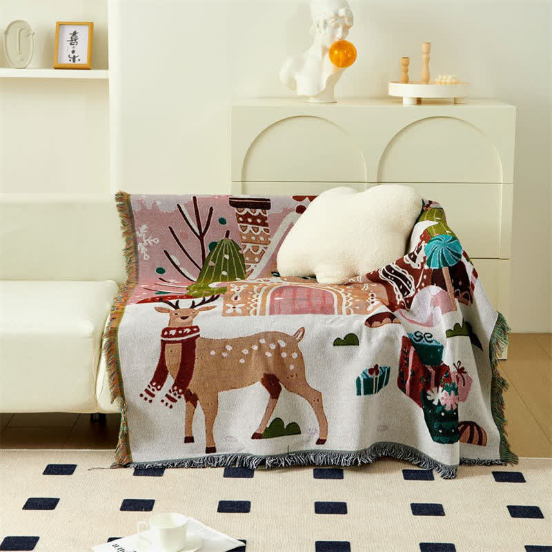 "Happy Holiday" Christmas Elk Tassel Blanket