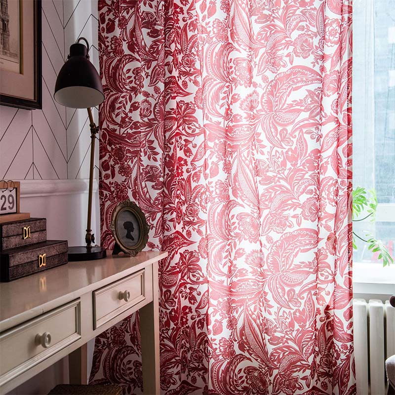 Baroque Style Red Flower Light Filtering Curtain