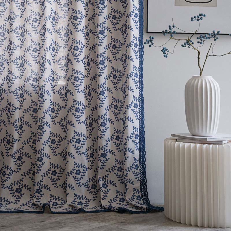 Blue Flower Lace Brim Light Filtering Curtain
