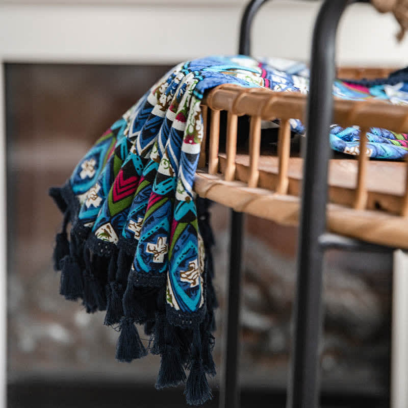 Blue Geometry Beige Tassel Light Filtering Curtain