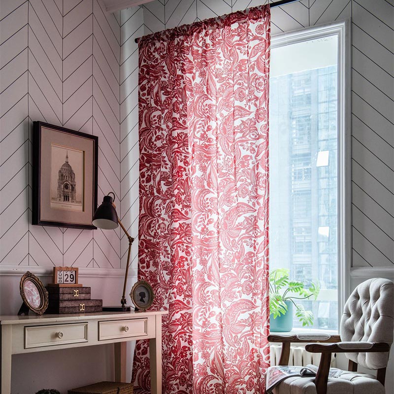 Baroque Style Red Flower Light Filtering Curtain