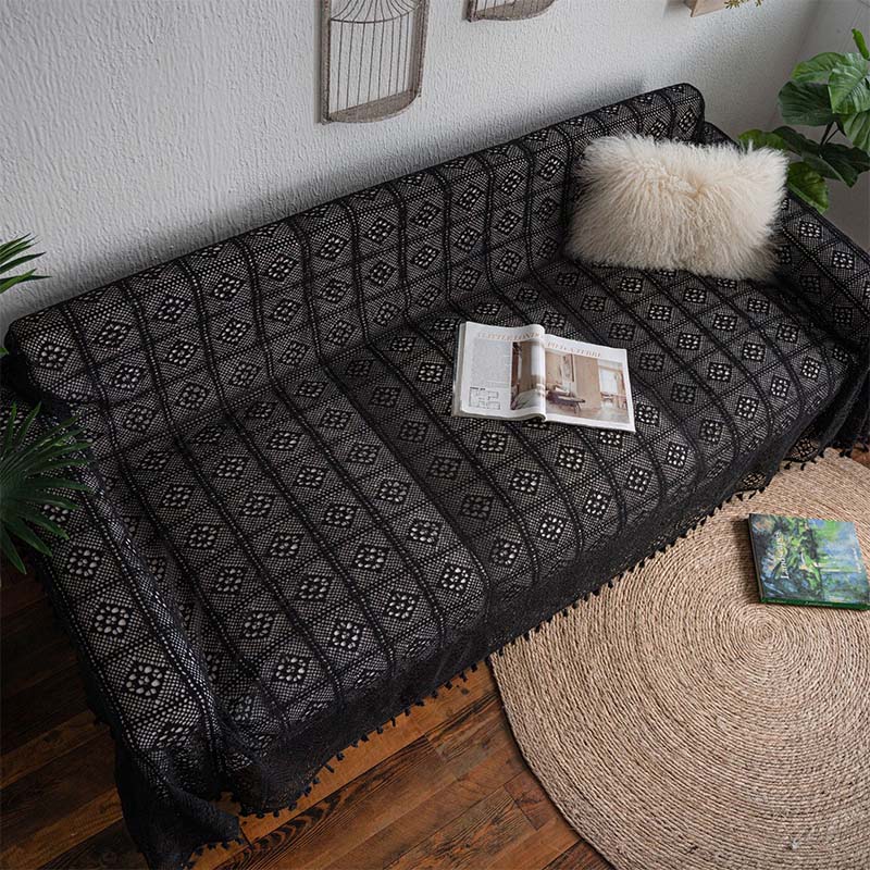 Black Hollow-Out Tassel Sofa Protector