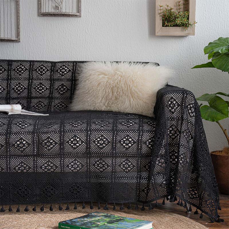 Black Hollow-Out Tassel Sofa Protector