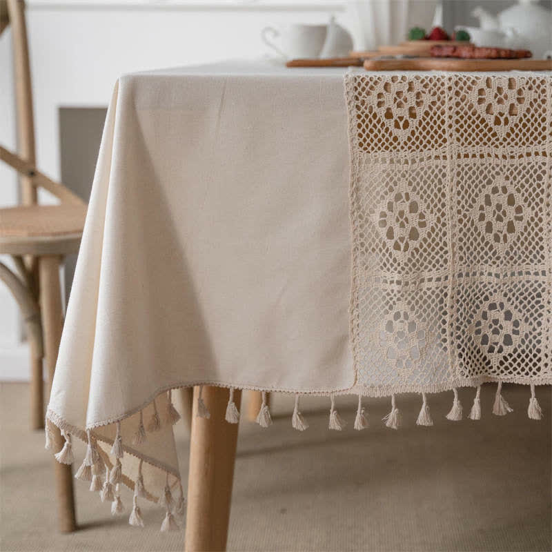 Beige Hollow-Out Stitching Tassel Tablecloth