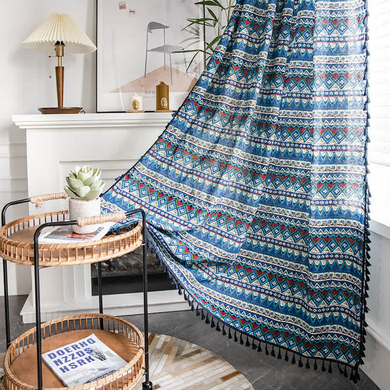 Blue Geometry Beige Tassel Light Filtering Curtain