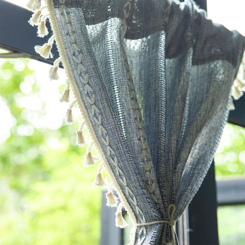 Beige Tassel Flax Tier Curtain