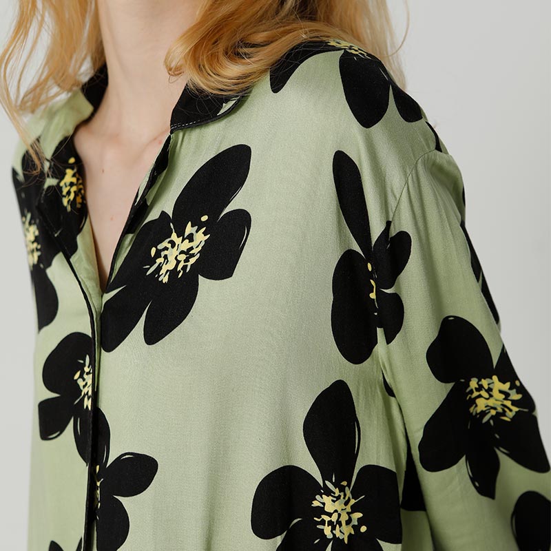 Black Flower Satin Pajama Set Loungewear