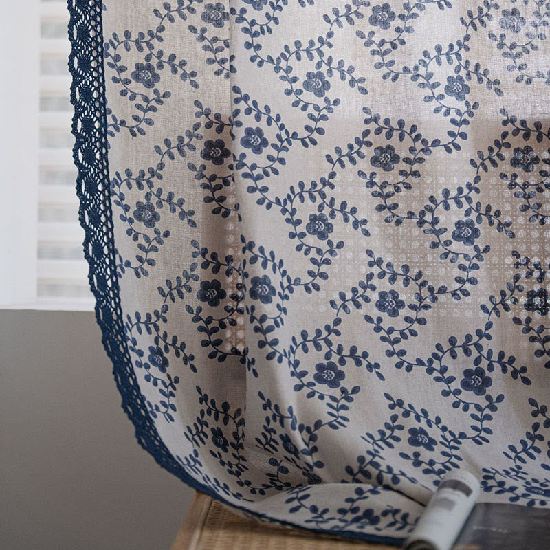 Blue Flower Lace Brim Light Filtering Curtain