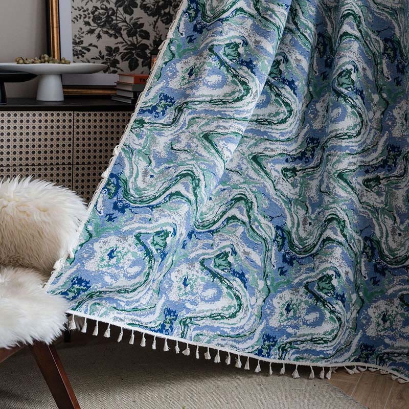 Blue Green Painting Style Light Filtering Curtain