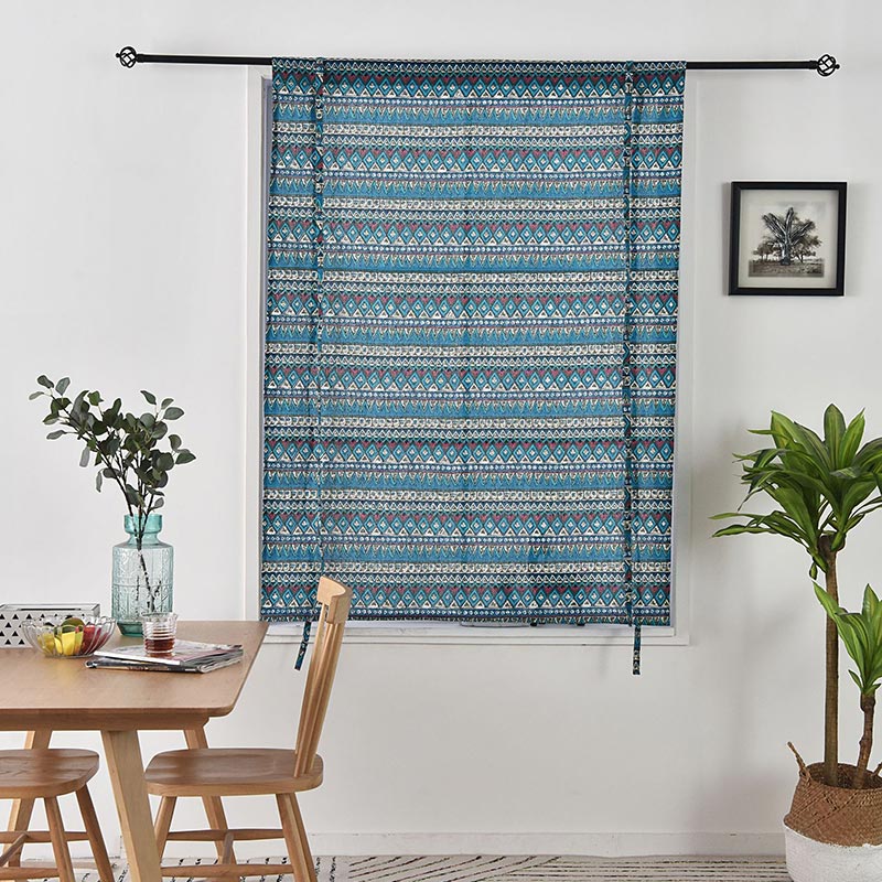 Blue Pattern Tier Curtain with Fixed Rope