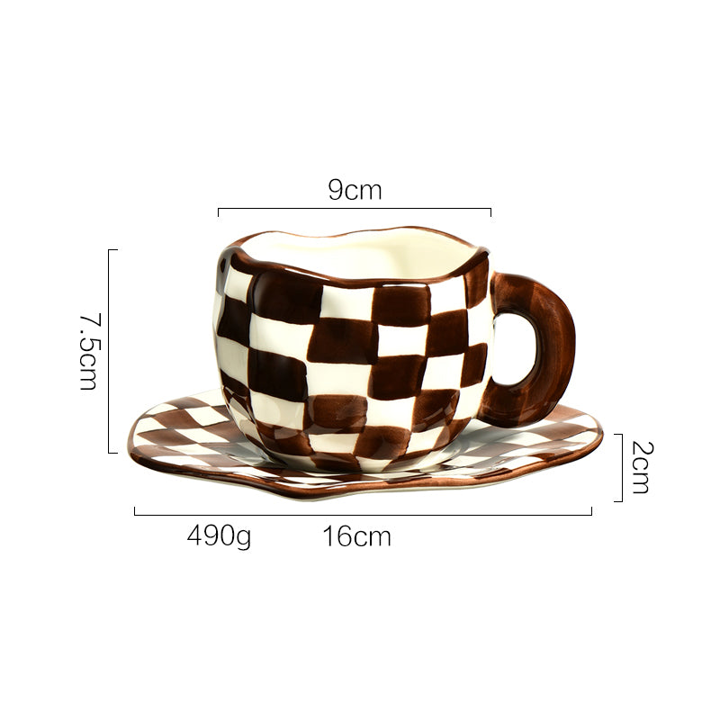 Nordic ins style hand-kneaded checkerboard ceramic coffee cup saucer black and white grid hand-painted afternoon tea cup