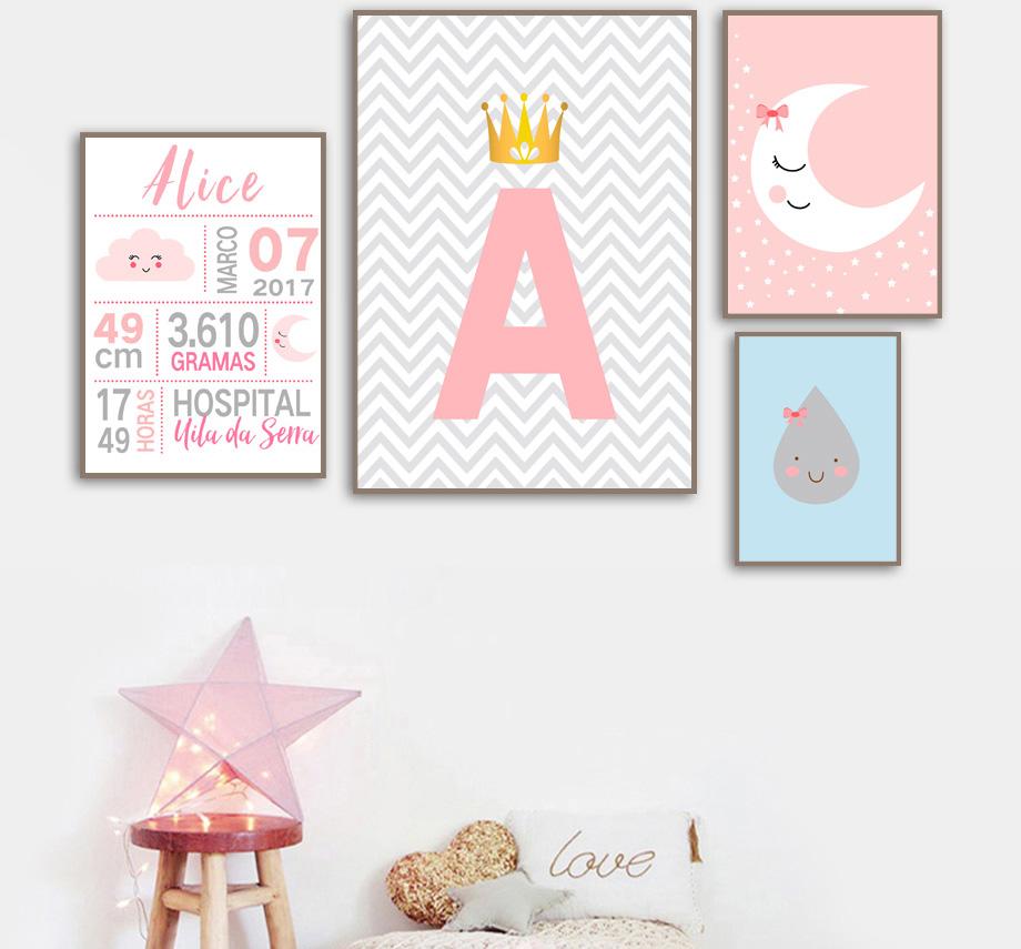 Customized Name Letters Birth Illustrations Gifts Wall Art Canvas Decorative Pictures Poster Print Wall Art Room Kids Decor
