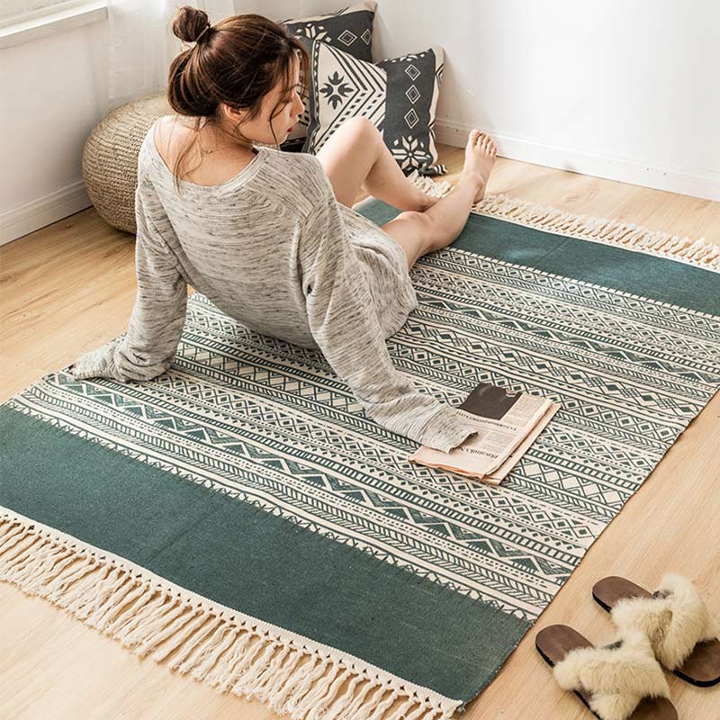 Bohemian Cotton Green Striped Area Rug