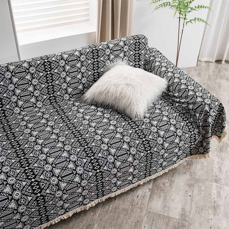 Black & White Geometric Tassel Sofa Protector