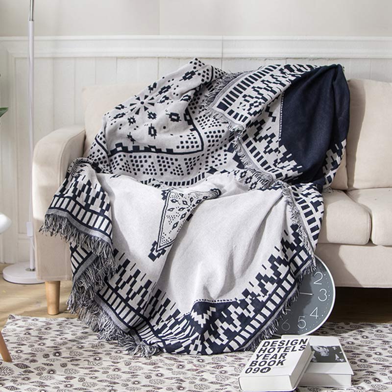 Bohemian Black & White Plaid Tassel Blanket
