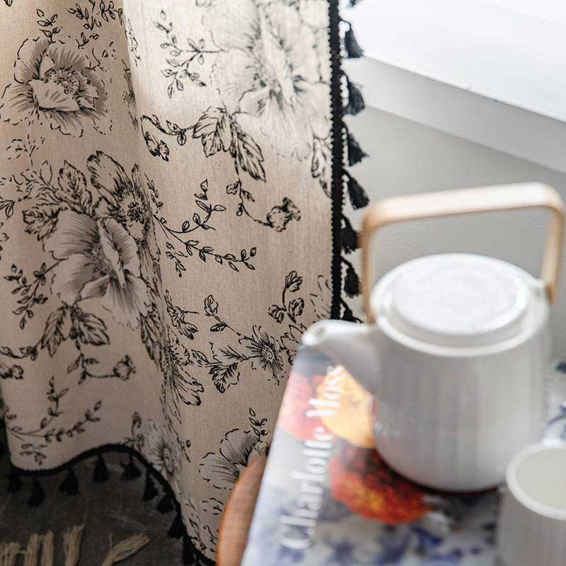 Black Flower Curtain with Black Tassel