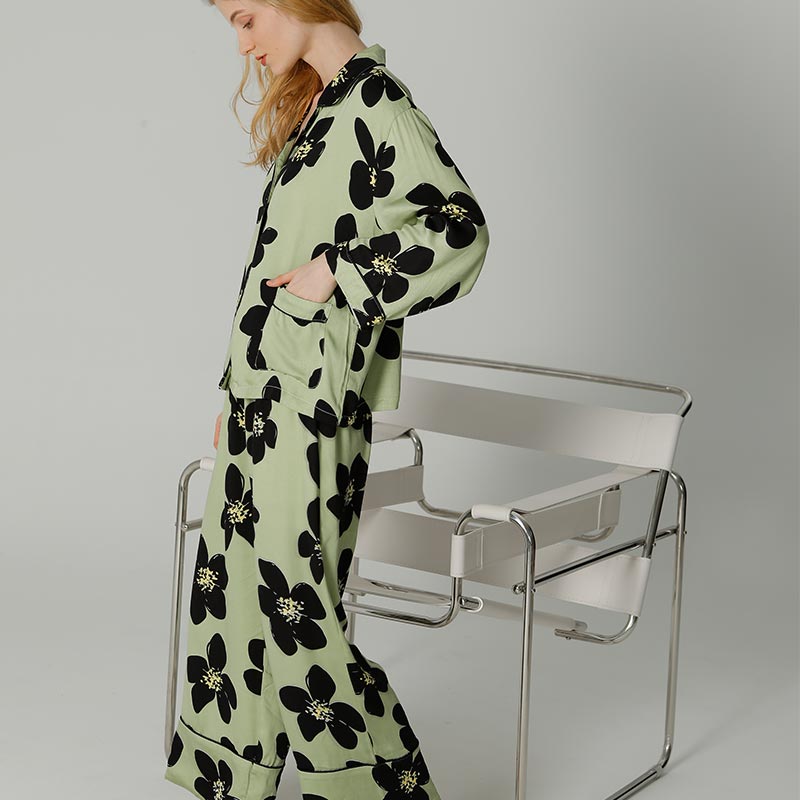 Black Flower Satin Pajama Set Loungewear