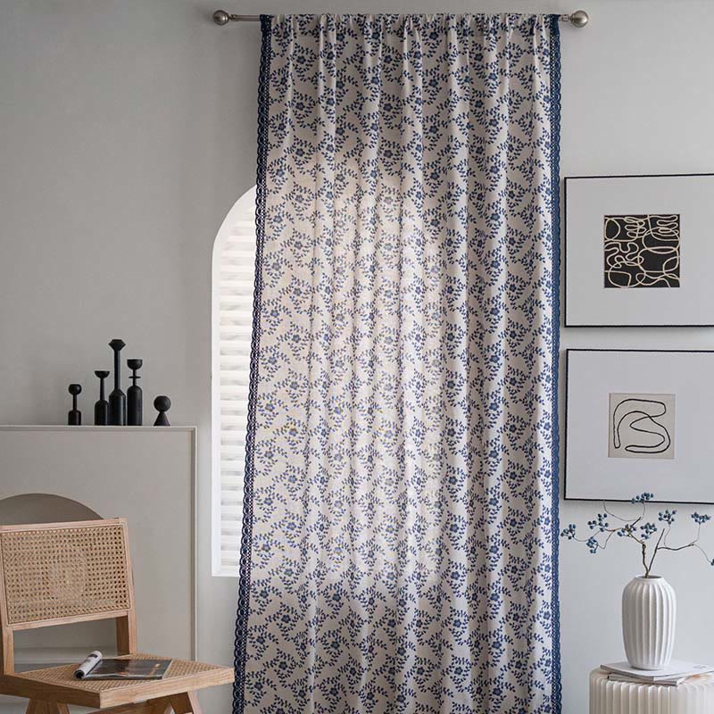 Blue Flower Lace Brim Light Filtering Curtain
