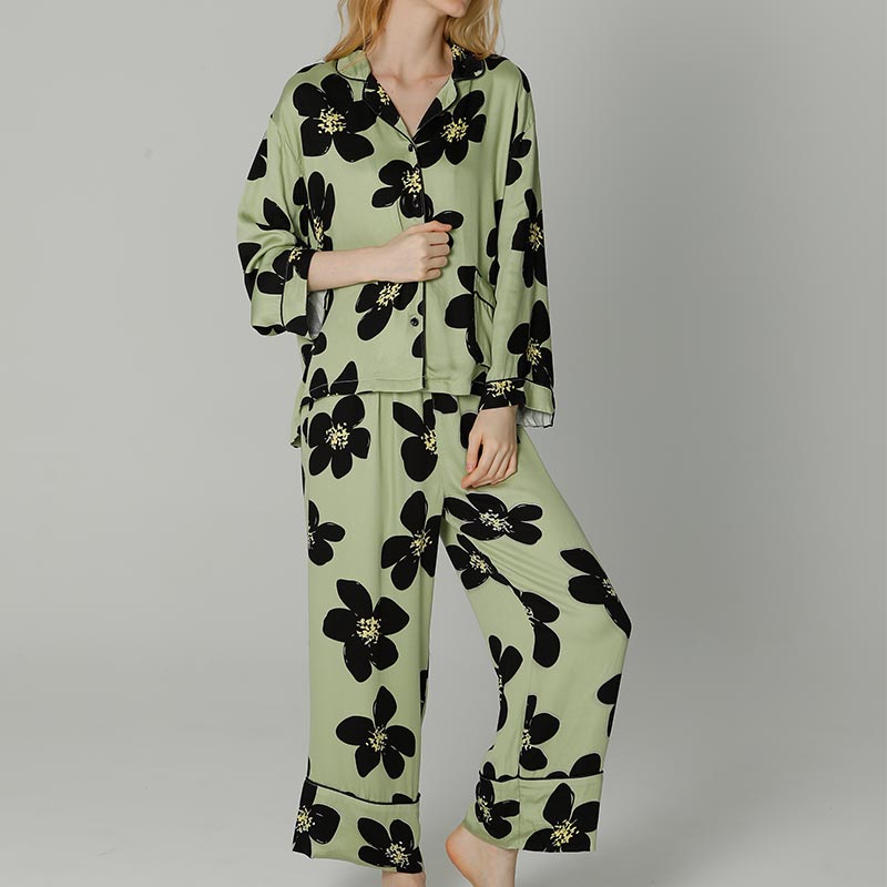 Black Flower Satin Pajama Set Loungewear