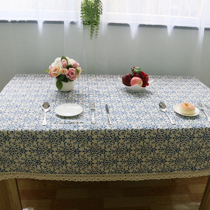 Blue White Lace Brim Table Cover