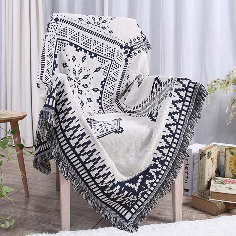 Bohemian Black & White Plaid Tassel Blanket