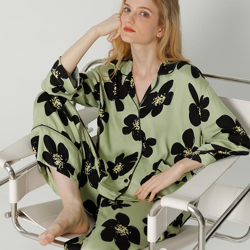 Black Flower Satin Pajama Set Loungewear