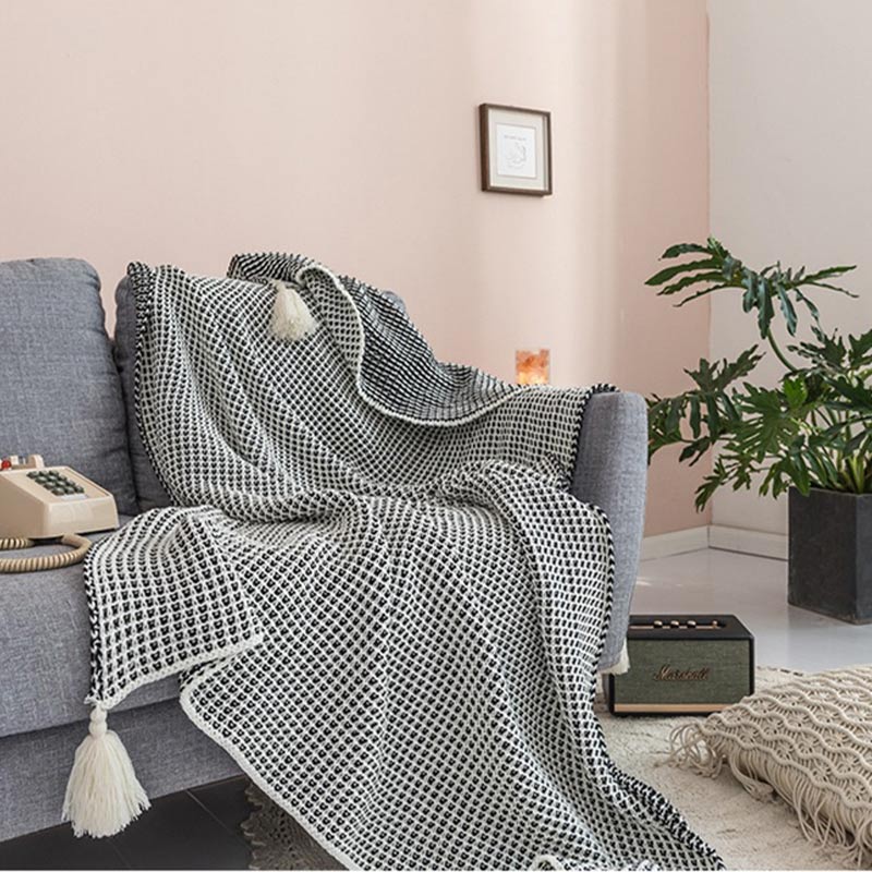 Black & White Knitted Blanket with Tassels