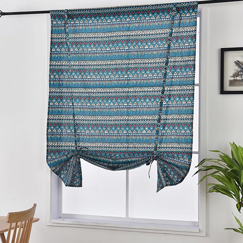 Blue Pattern Tier Curtain with Fixed Rope